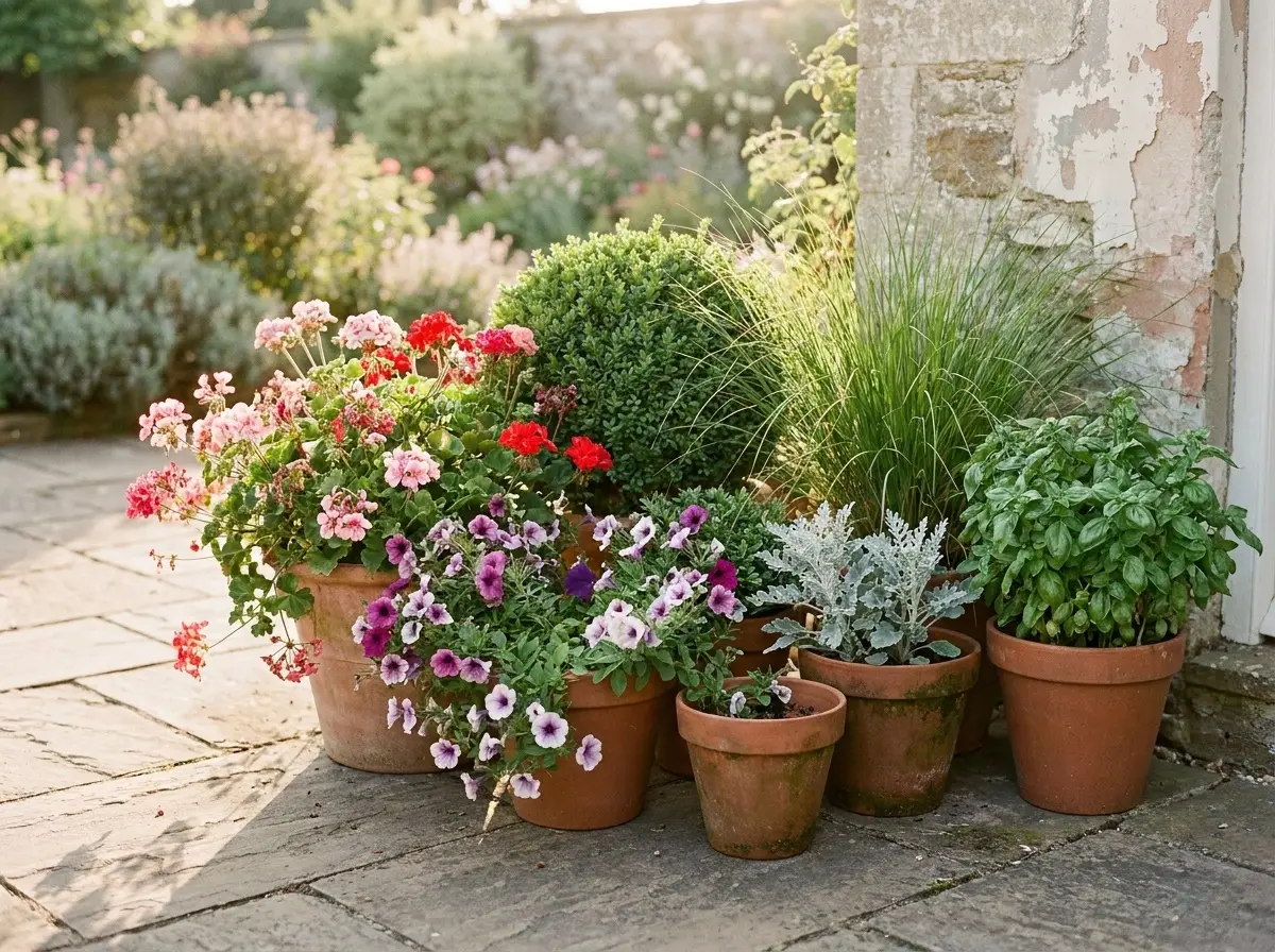 A row of terracotta and glazed pots on a stone patio, planted with flowering and foliage plants.