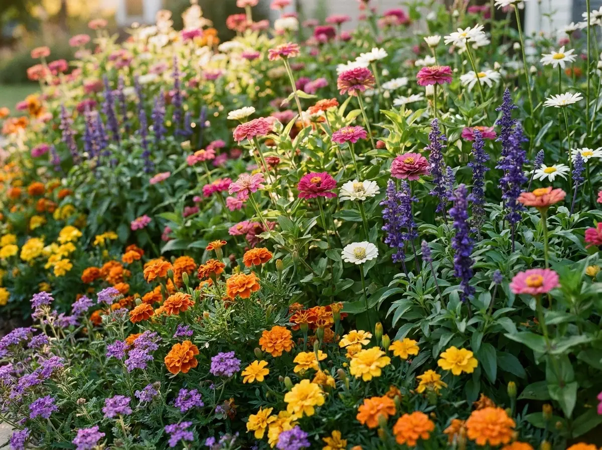 Potted flowering plants in bloom, massed together in soft daylight.
