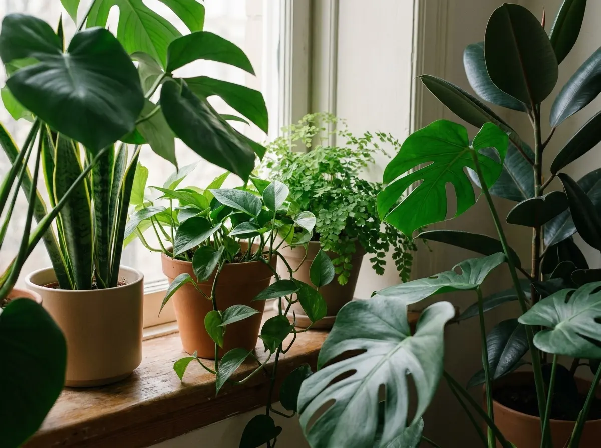 Leafy foliage houseplants in pale ceramic pots on a bright windowsill.