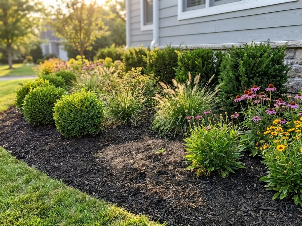 A landscaped bed against a house: mixed shrubs, grasses and perennials over dark mulch.