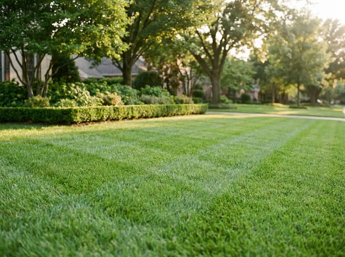 A dense, well-kept residential lawn with soft mowing stripes and a planting bed behind it.