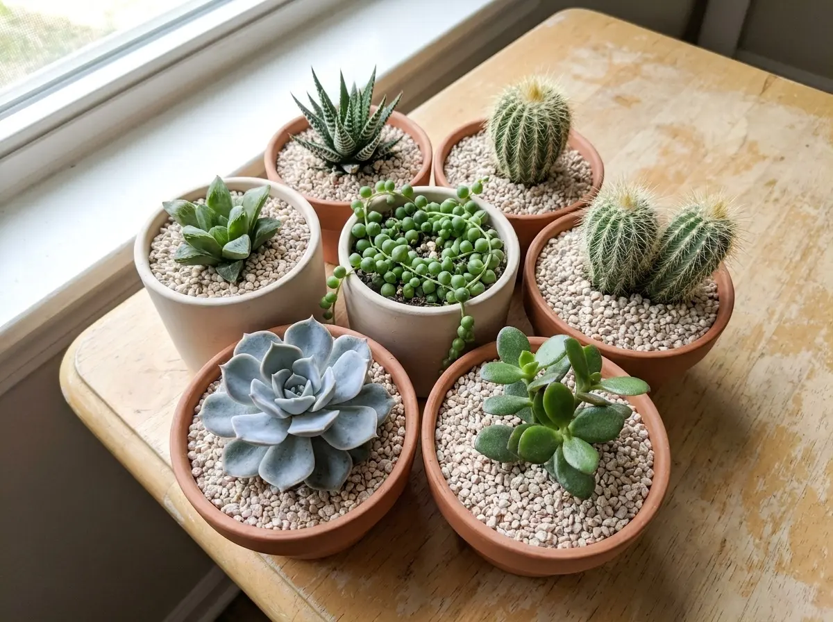 A group of small succulents and cacti in shallow pots on a light surface.