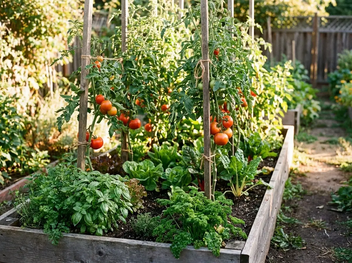 A raised-bed vegetable garden in summer: staked tomatoes, leafy greens and herbs in dark soil.