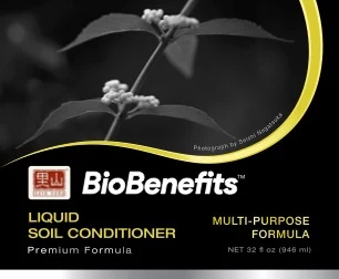 The BioBenefits package: a black and white photograph of a plant above a gold-bordered label carrying the Satoyama mark, the BioBenefits name, and the words Liquid Soil Conditioner, Premium Formula, Multi-Purpose Formula, 32 fl oz.