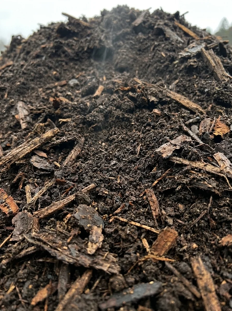 Mature, well-rotted compost: dark crumbly material with coarse bark fragments still visible, a faint wisp of vapour rising from it.