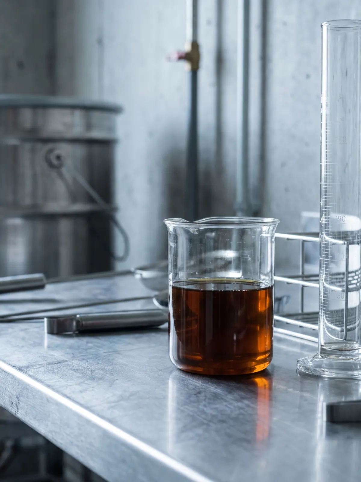 A clear glass beaker holding a dark amber-brown liquid on a stainless steel bench.