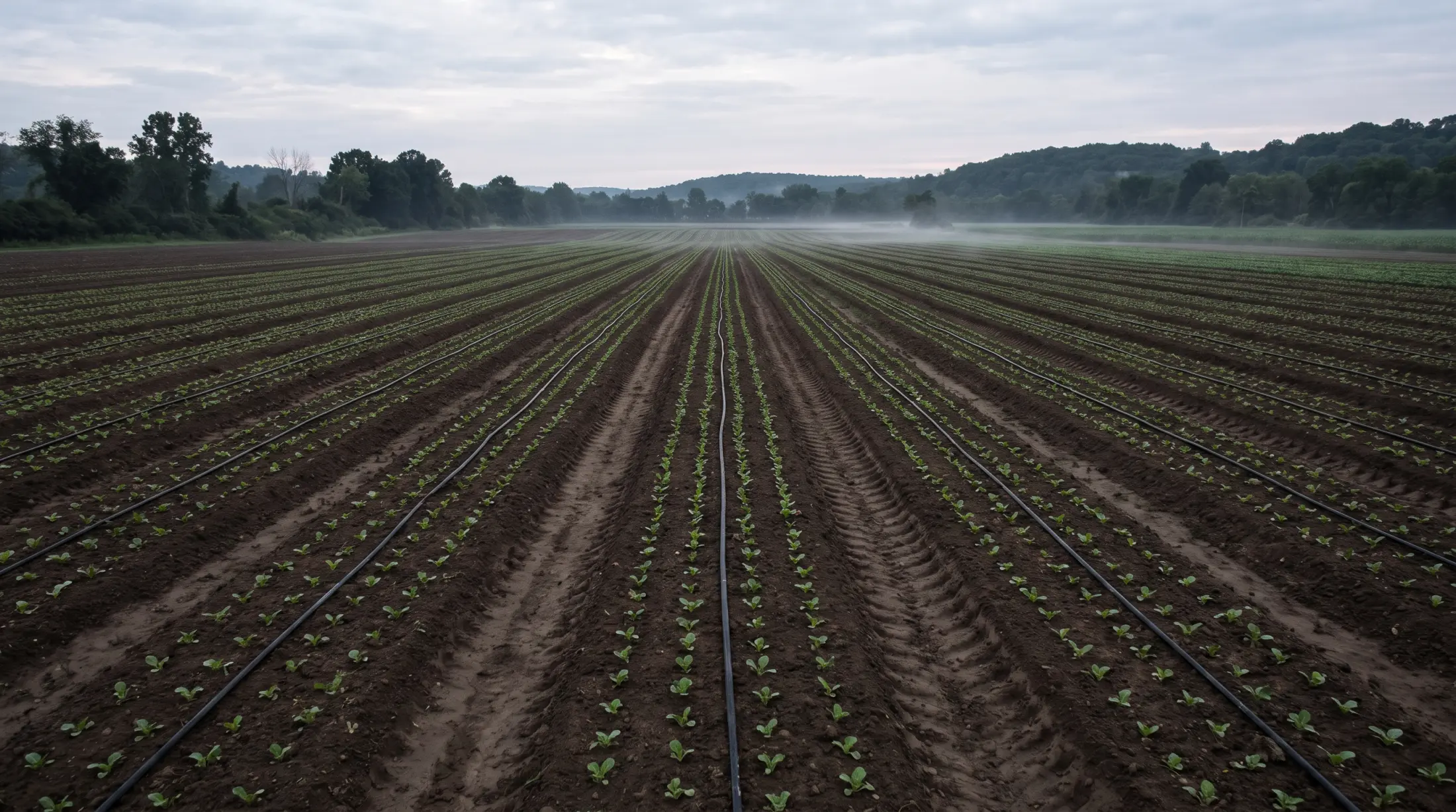 A drip-irrigated field at dawn: long parallel ridges of dark tilled soil running to the horizon, each row carrying a line of young seedlings and a black drip tape, with low mist lying along the treeline and wooded hills under an overcast sky.