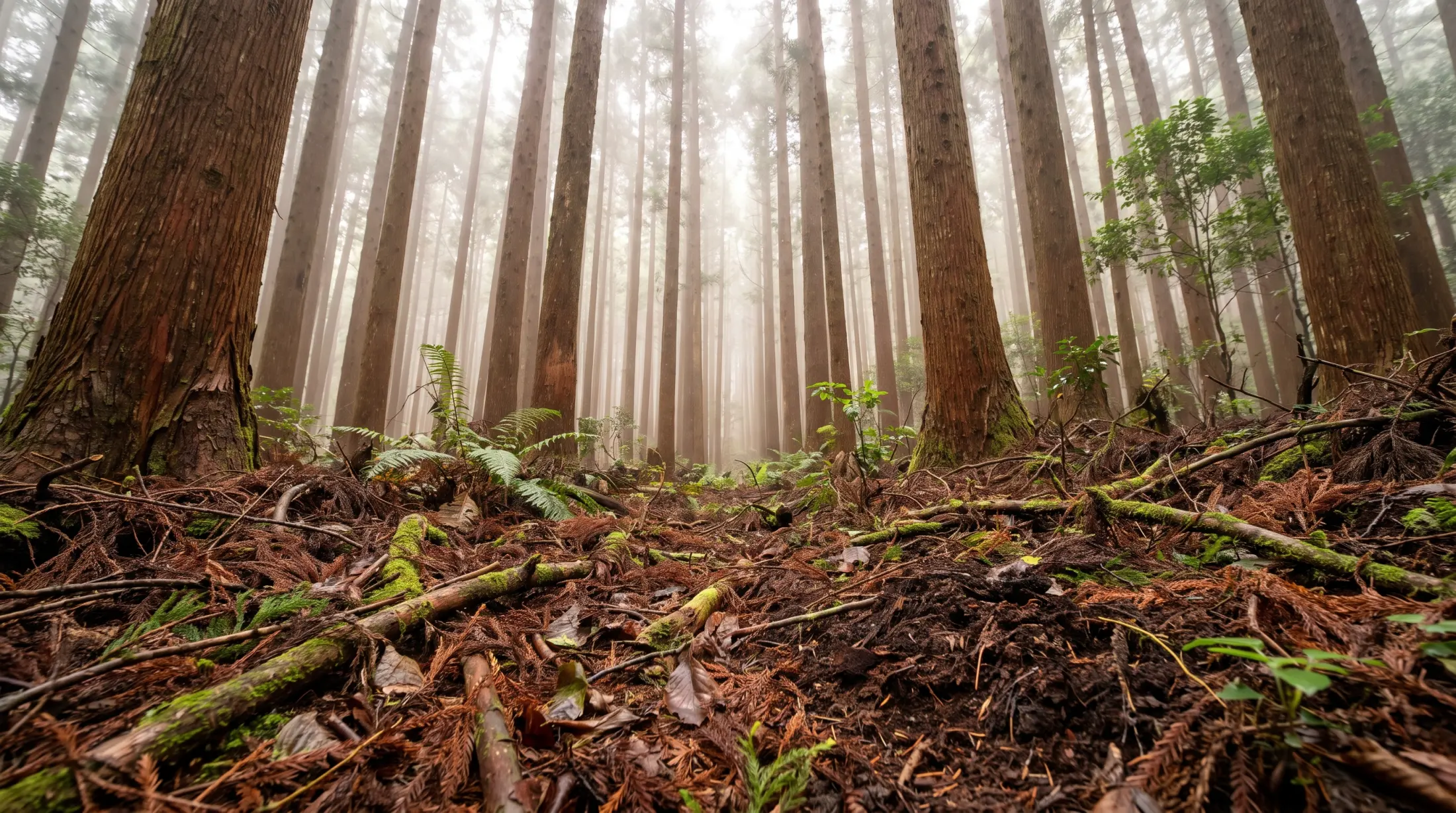 The floor of a Japanese cedar and hinoki forest in morning mist: tall straight trunks, a deep layer of fallen reddish-brown needles, and dark crumbly soil showing through.