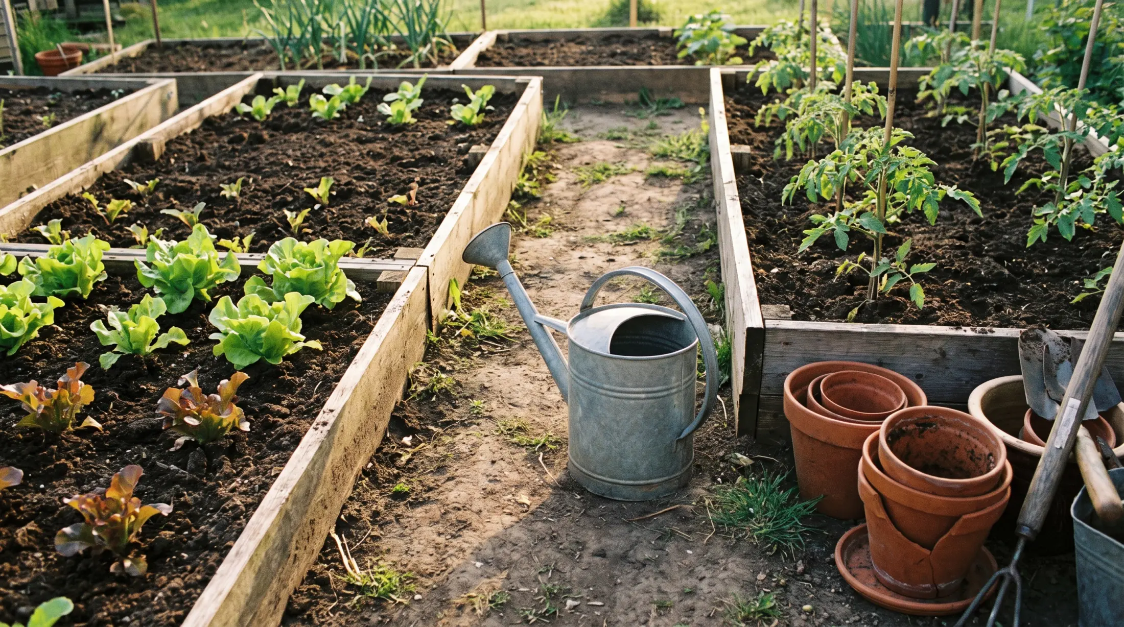 A home vegetable garden in early summer: raised timber beds of dark soil planted with lettuce and young tomatoes, a galvanised watering can on the path, stacked terracotta pots to one side.