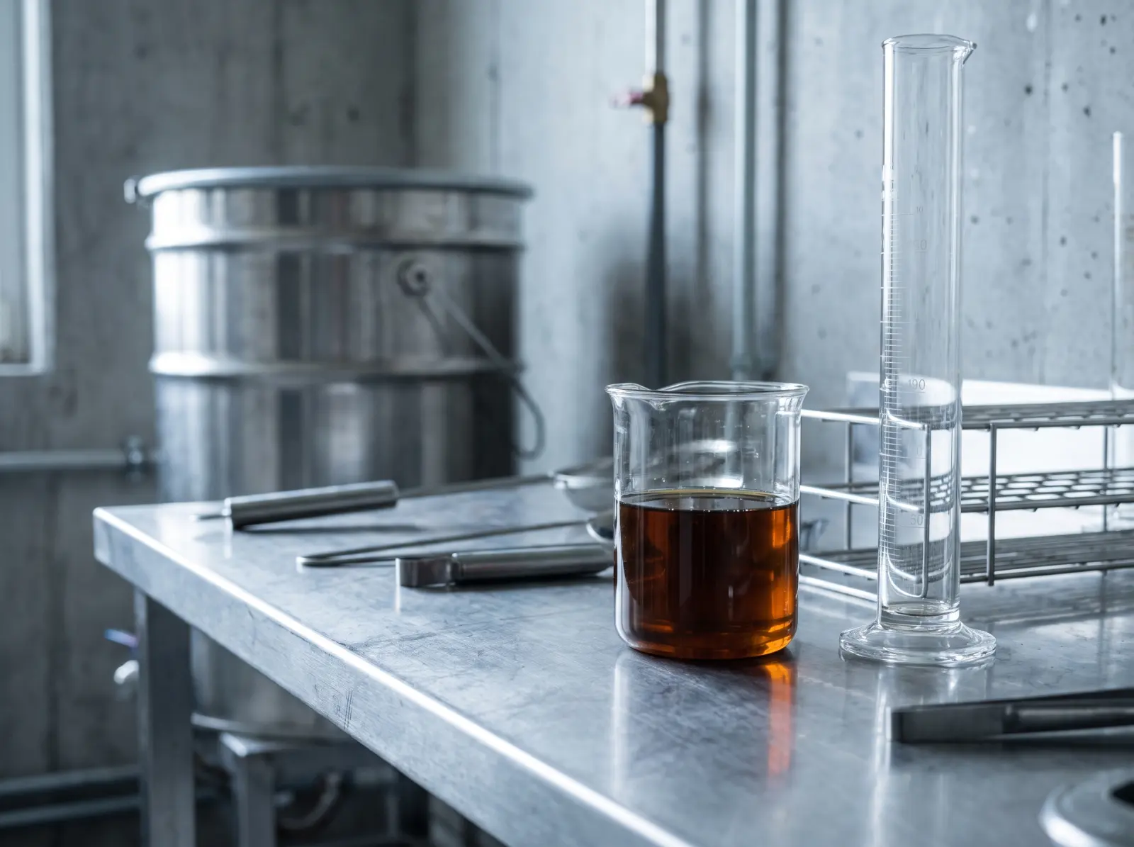 A stainless steel bench holding a glass beaker of dark amber-brown liquid beside a graduated cylinder, with a steel drum out of focus behind.