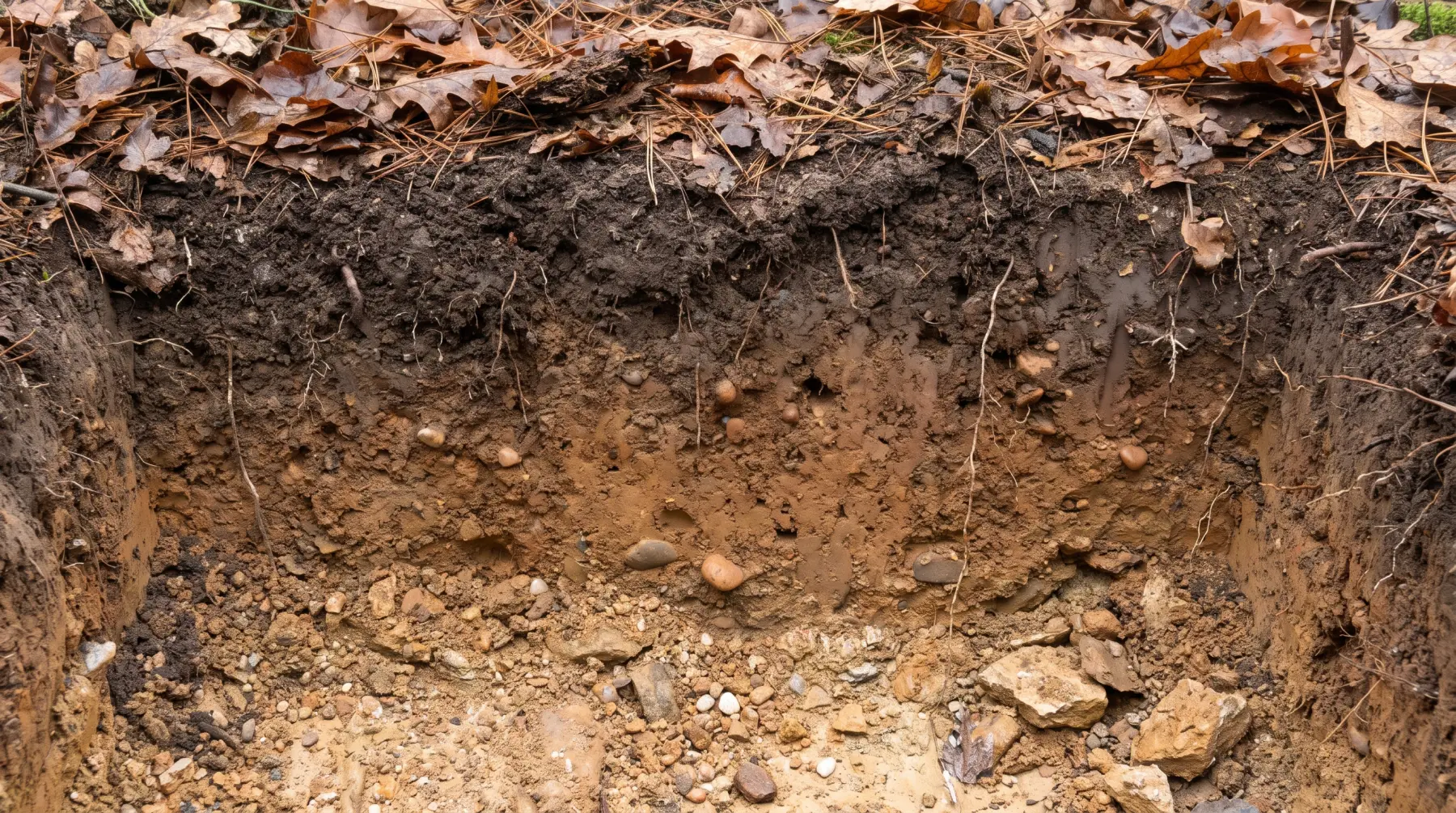 A soil profile exposed by a fresh vertical cut. At the top, a loose litter of brown fallen leaves and pine needles. Below it a band of dark, crumbly topsoil roughly a hand deep. Beneath that a lighter orange-brown subsoil, and at the base a pale gritty layer of sand, gravel and stones. Fine pale roots hang down through all of the layers.