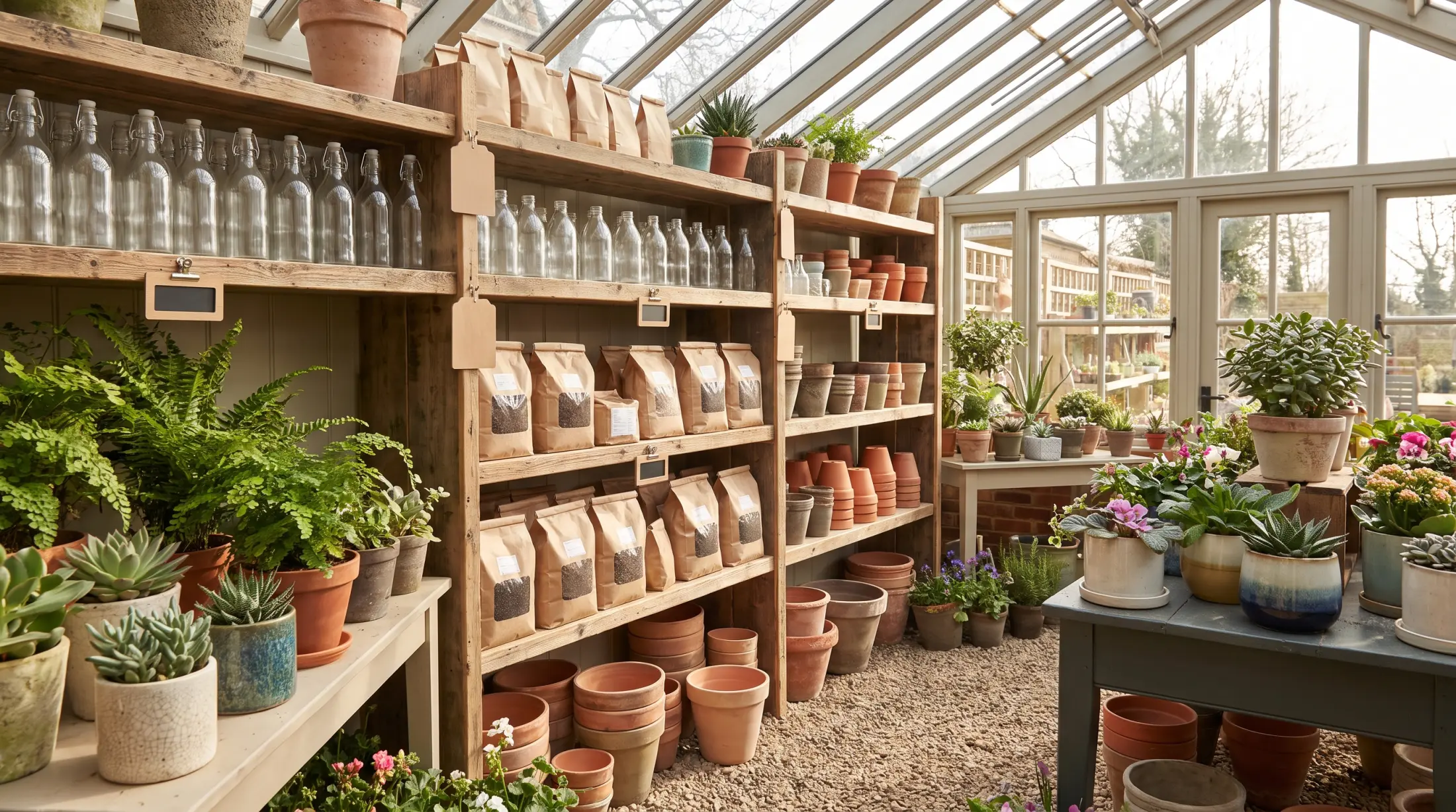 Interior of an independent garden centre: timber shelving with plain unbranded bottles and kraft paper bags of soil products, empty wooden shelf-label holders, terracotta pots and potted plants, lit from a greenhouse roof.