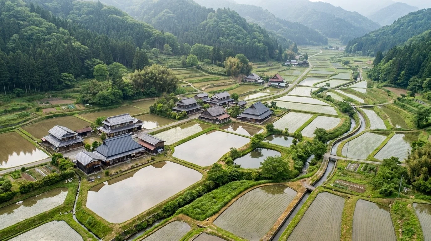 An elevated view across a Satoyama valley in early summer: a village of dark-tiled roofs set among a mosaic of flooded and planted paddy fields, irrigation ponds and hedgerows, with wooded hills rising behind.