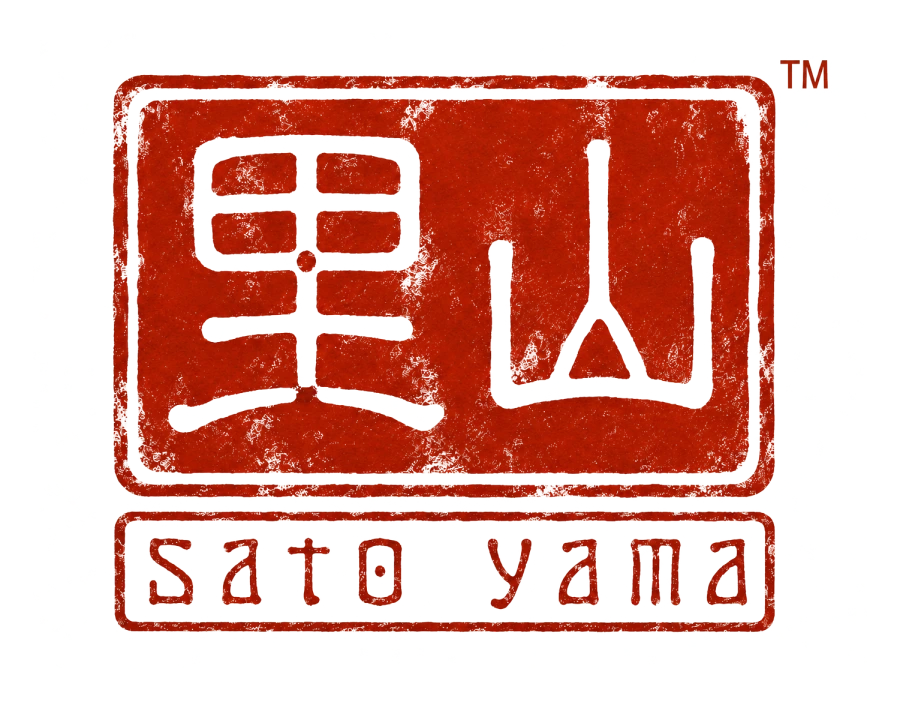 The Satoyama seal: the characters 里山 cut in white out of a vermilion stamped block, with the romanised words sato yama beneath.