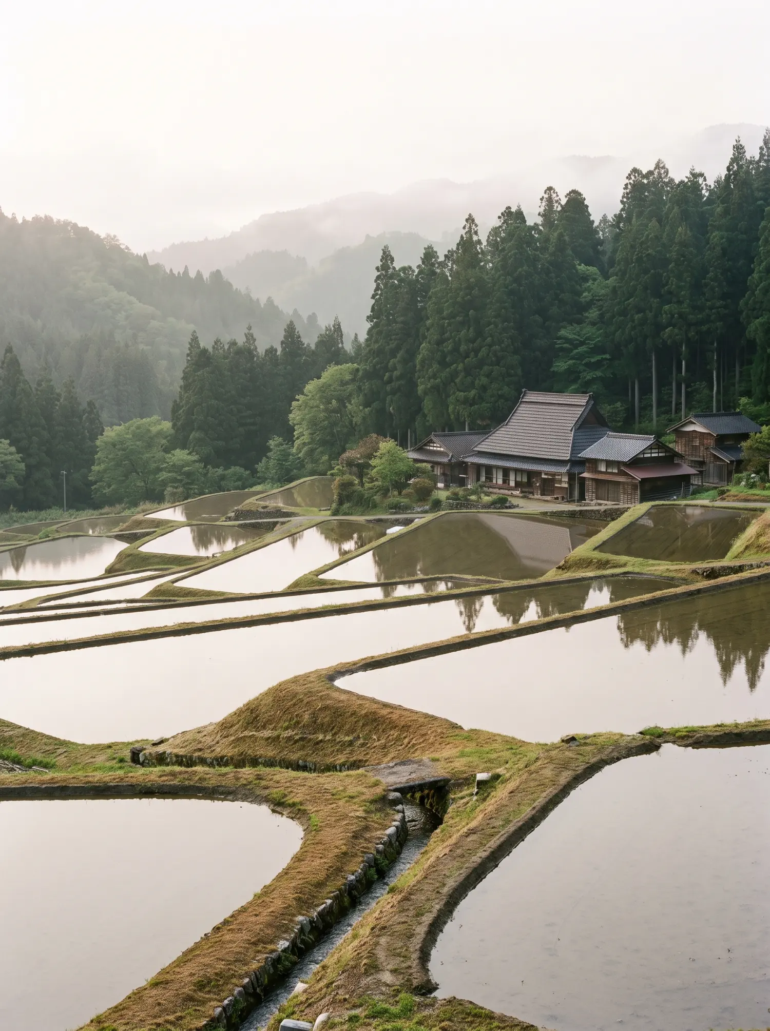 A Satoyama landscape in morning haze: flooded terraced rice paddies stepping down a hillside with earthen bunds between them, a stone-lined irrigation channel, traditional farmhouses at the edge of a cedar forest, and wooded ridges fading into mist behind.
