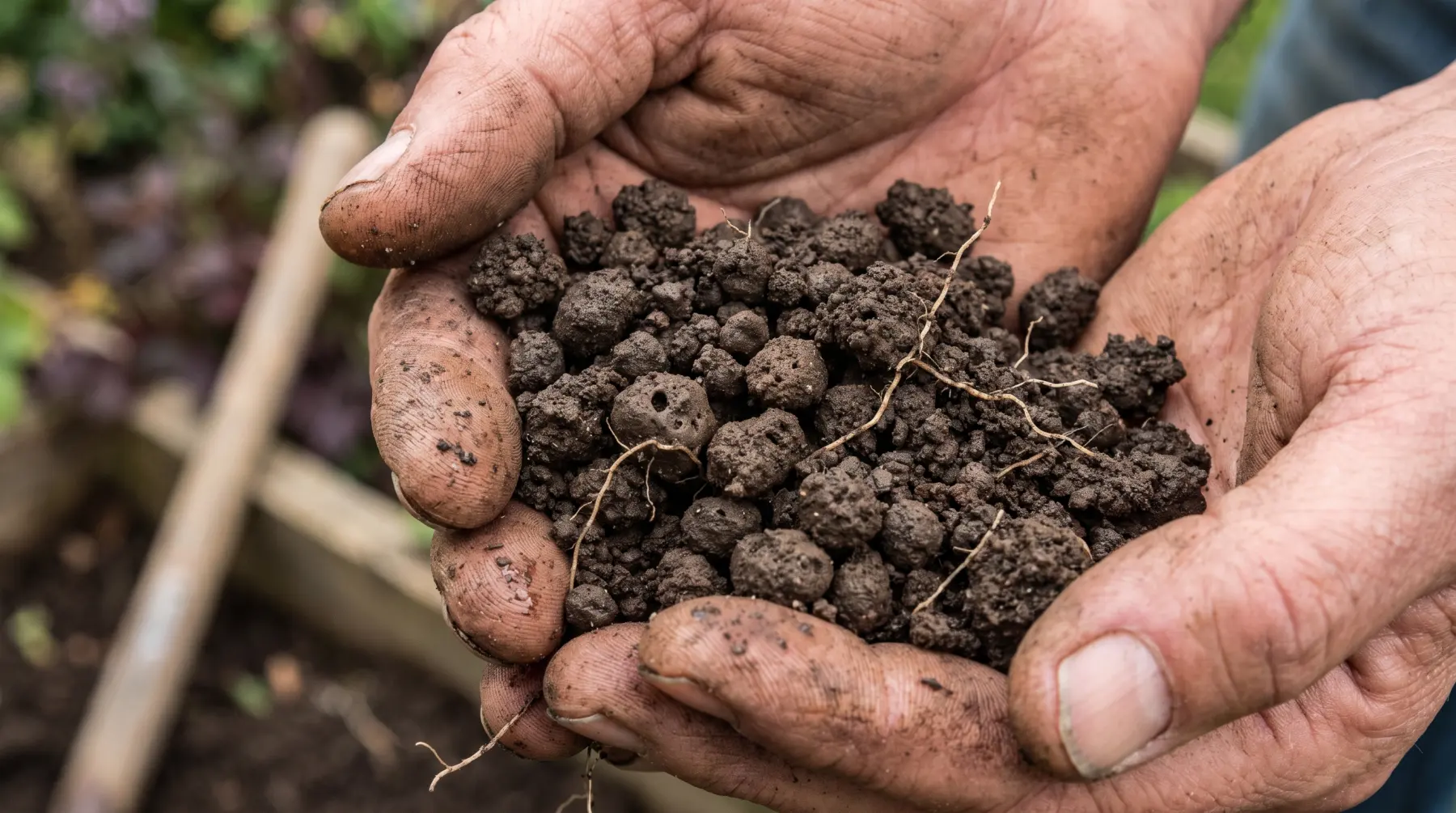 A double handful of dark garden soil broken into rounded crumbs, with visible pore spaces between them and fine pale roots threading through.